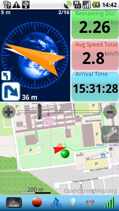 Run.GPS Hauptmenü mit Trainingslog, Navigation und Sprachausgabe