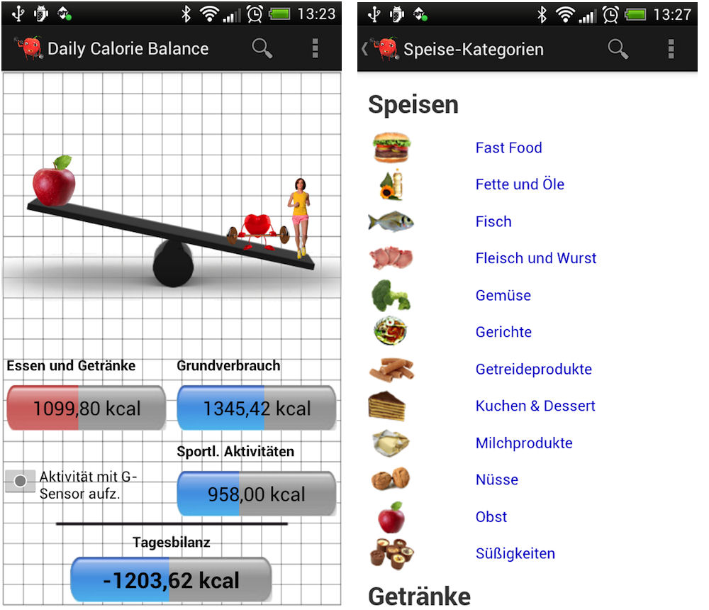 Screenshot der App mit Kalorienübersicht und erfassten Lebensmitteln